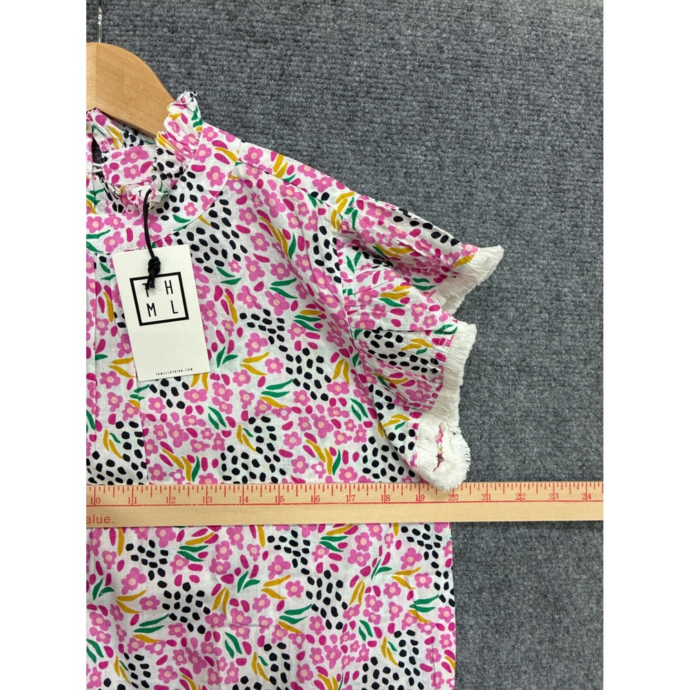 THML Flower Print Flutter Sleeve Top Pink Floral Polka Dot Cotton Blouse Medium - Picture 6 of 6